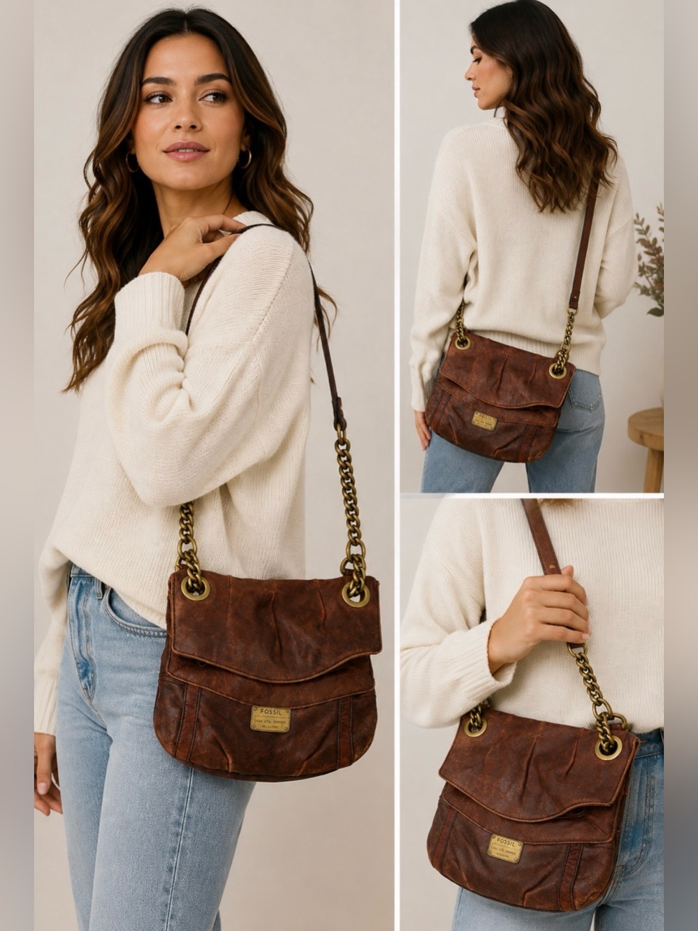 Vintage Fossil Brown Leather Chain Crossbody Bag Boho Shoulder Purse